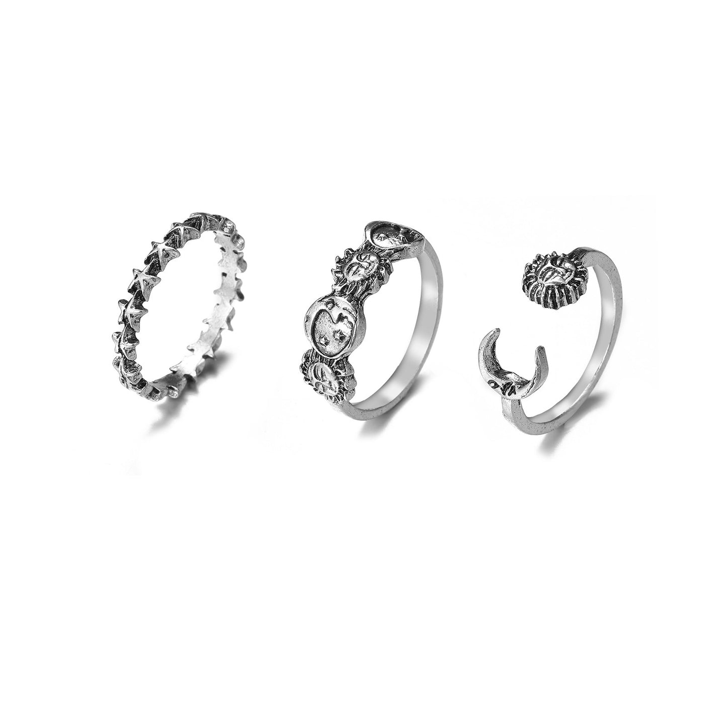 Creative Vintage Star And Moon 3-Piece Set Distressed Rings