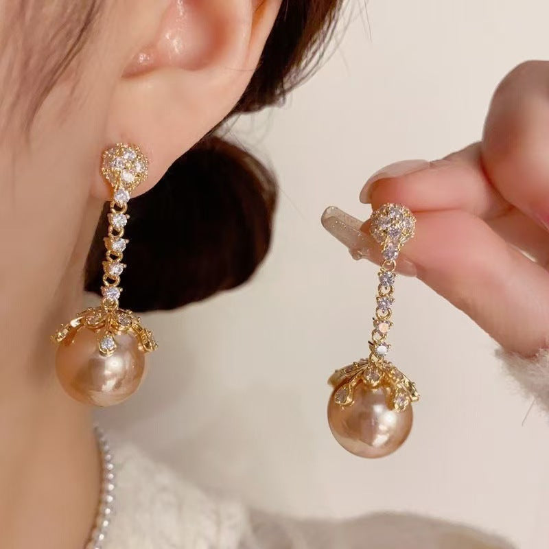 Champagne-colored Pearl Elegant Earrings For Women