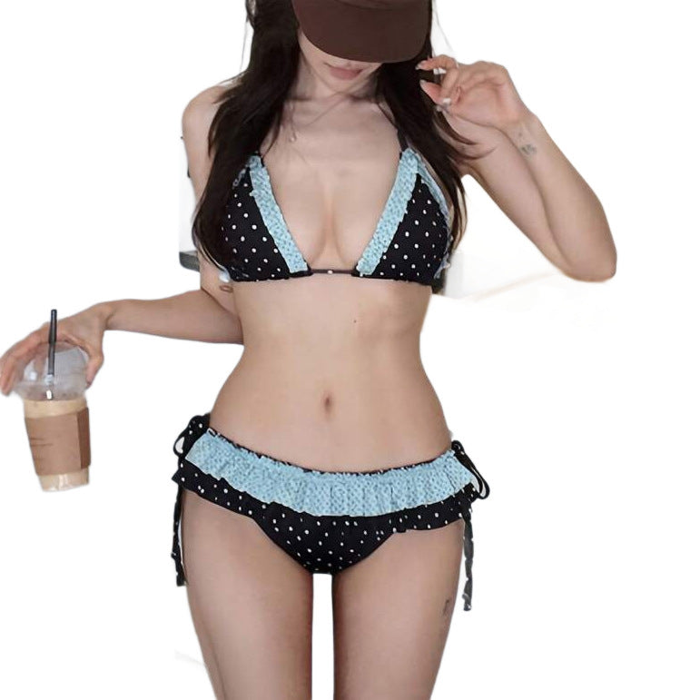 European And American Style Two-Piece Polka-Dot Contrasting Color Ruffle-Trimmed Spliced Lace-Up Backless Swimsuit