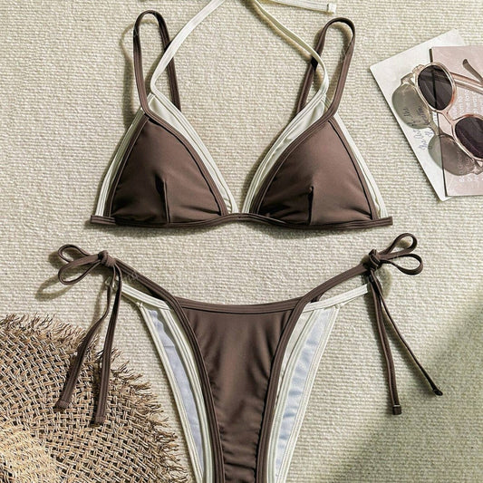 European And American-style Two-piece Contrast-color Three-piece Bikini With Adjustable Straps For Women