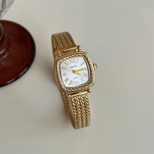 Golden Roman-style Square Watch For Women