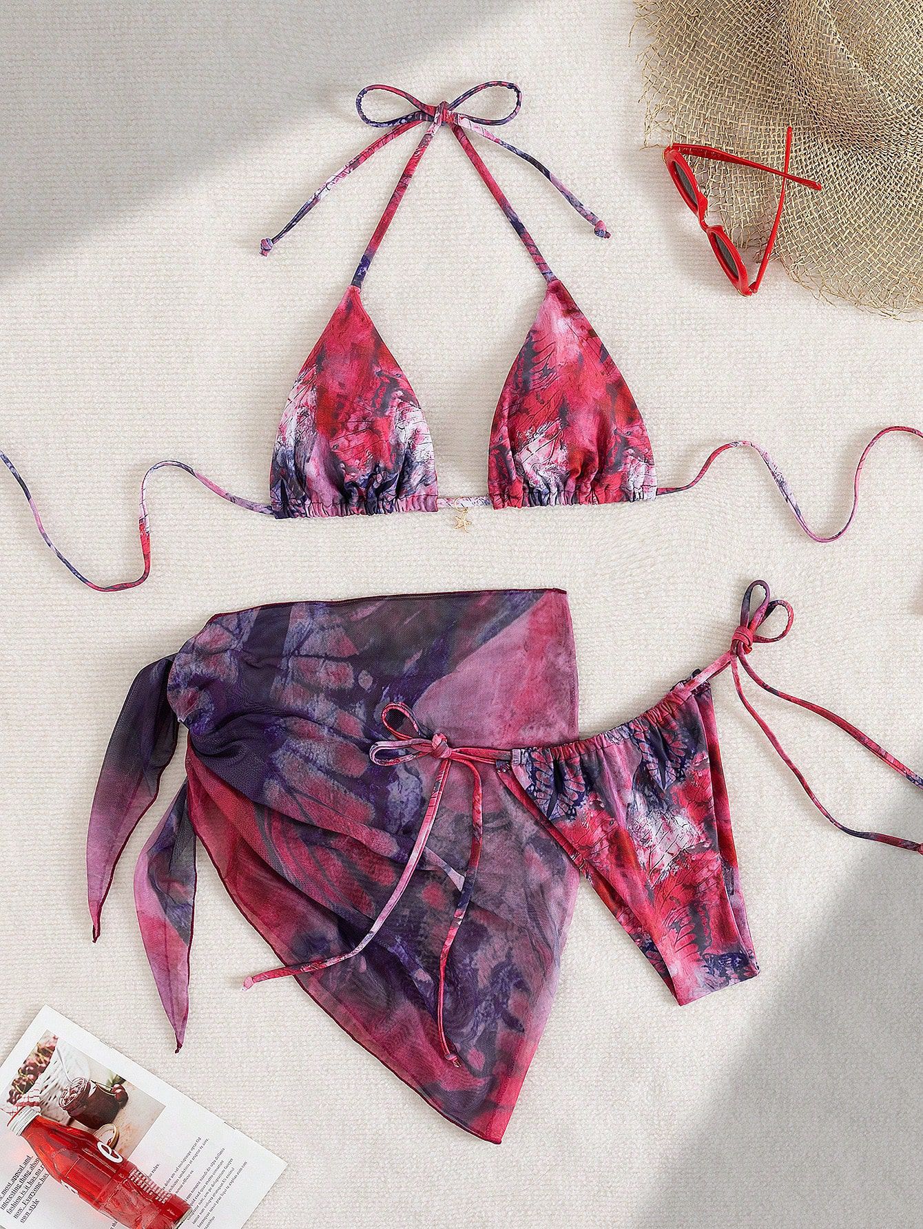 European And American Three-Piece Bikini Retro Printed Lace-Up Swimsuit For Women