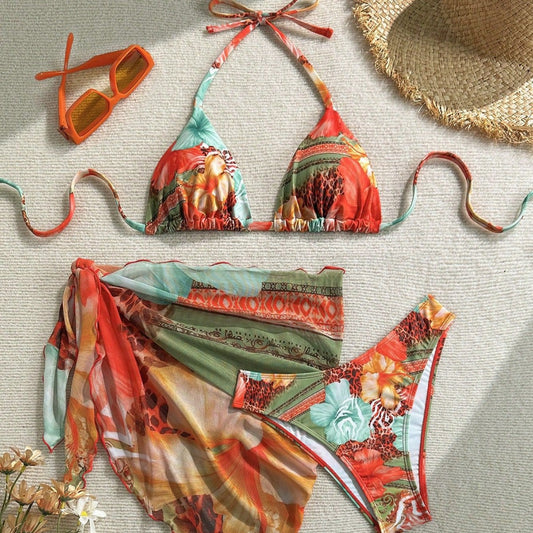 European And American-style Three-Piece Apron Bikini Flower-Printed Lace-Up Womens Swimsuit