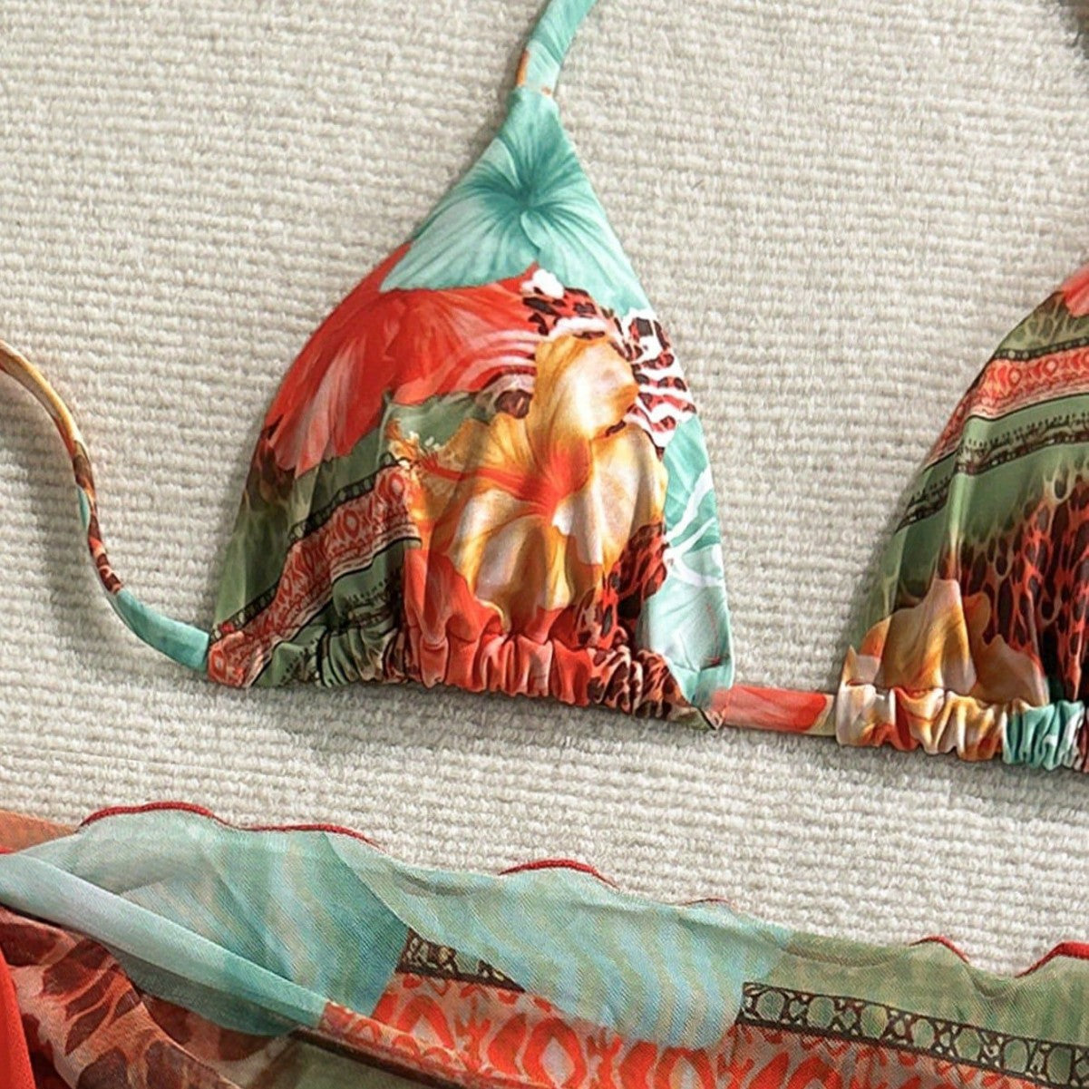 European And American-style Three-Piece Apron Bikini Flower-Printed Lace-Up Womens Swimsuit