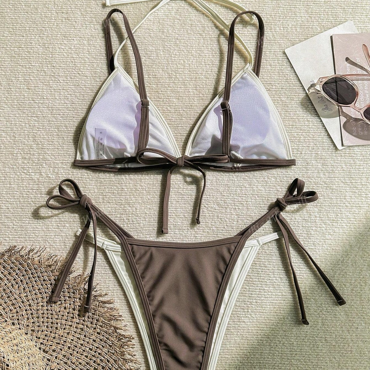 European And American-style Two-piece Contrast-color Three-piece Bikini With Adjustable Straps For Women