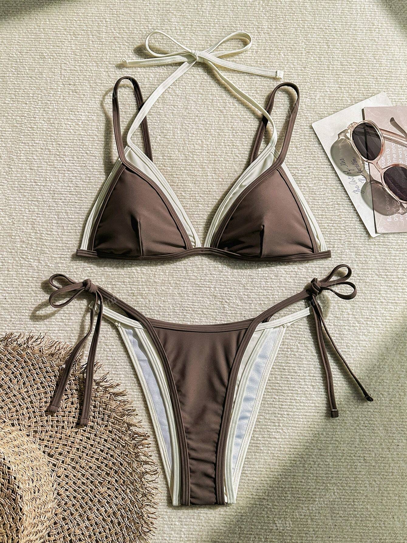 European And American-style Two-piece Contrast-color Three-piece Bikini With Adjustable Straps For Women