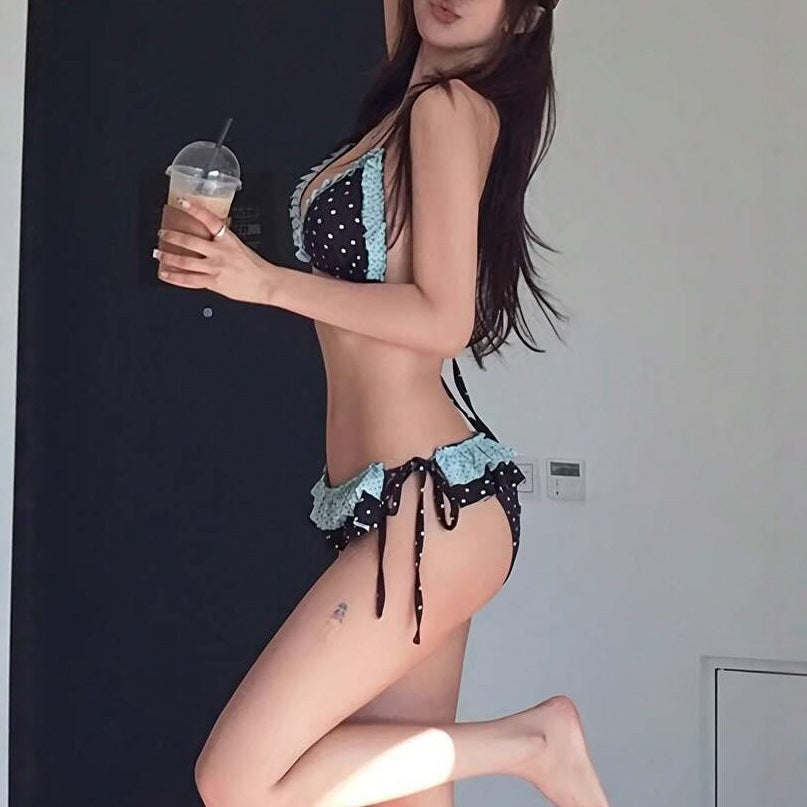 European And American Style Two-Piece Polka-Dot Contrasting Color Ruffle-Trimmed Spliced Lace-Up Backless Swimsuit