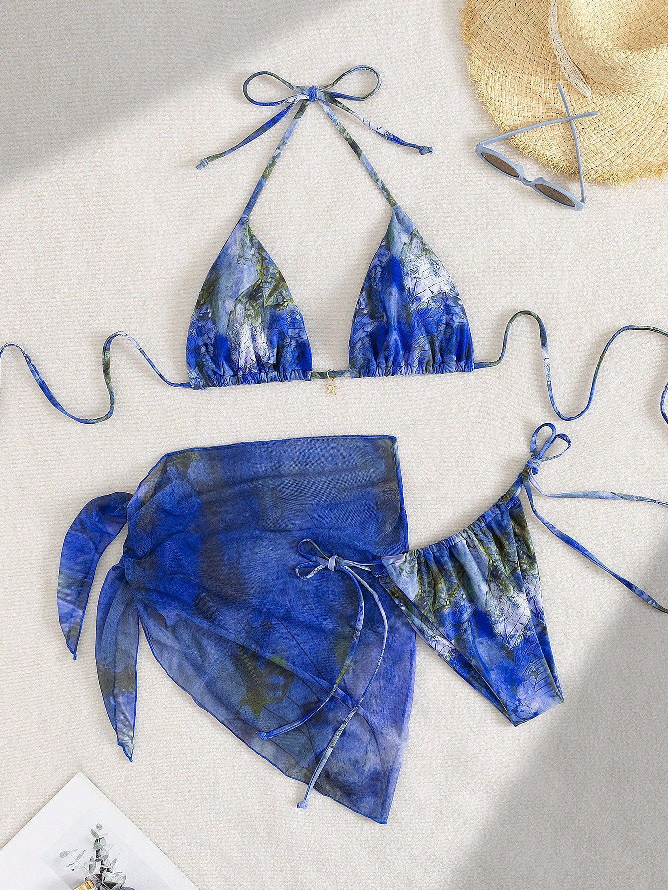 European And American Three-Piece Bikini Retro Printed Lace-Up Swimsuit For Women