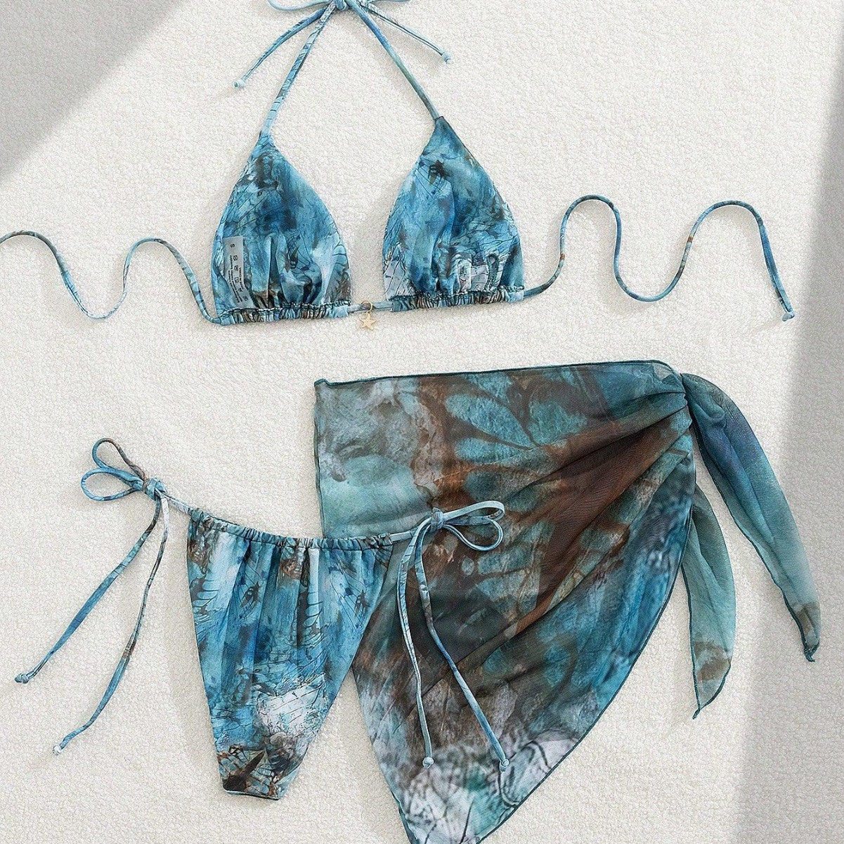 European And American Three-Piece Bikini Retro Printed Lace-Up Swimsuit For Women